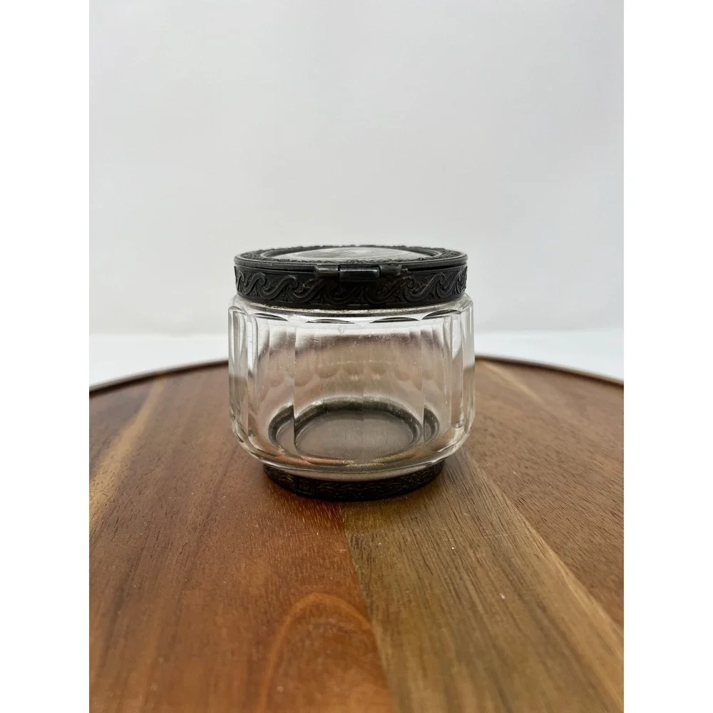 Antique Glass Jar Ornate Metal Lid Portrait Miniature Art Deco Vanity‎ Container